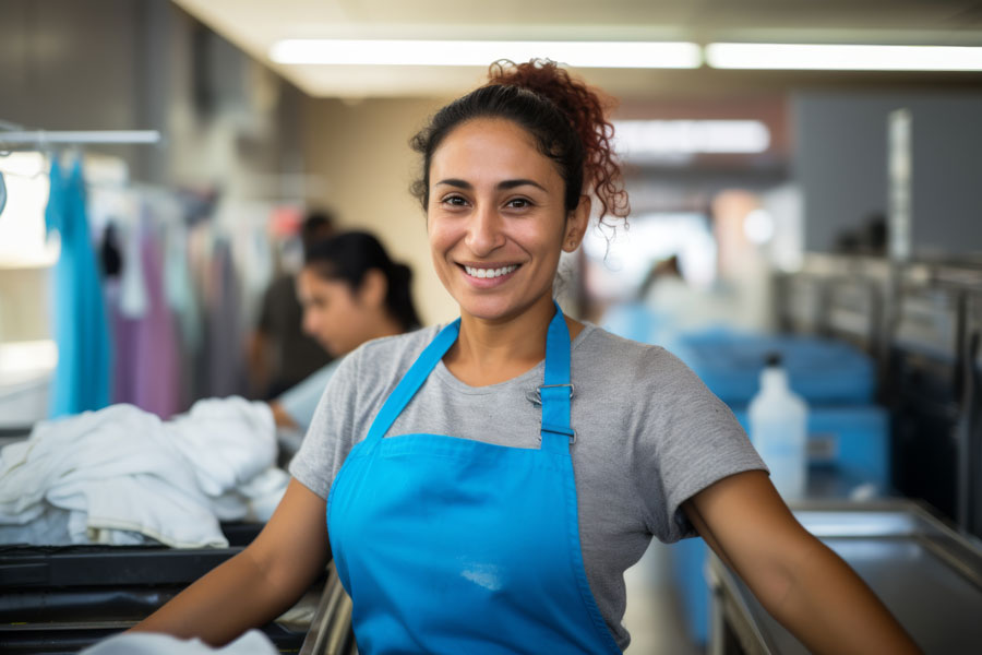 Cleanse & Renewal Laundry interior in Oxnard CA - bright, modern laundromat with family folding clean clothes together in warm natural light